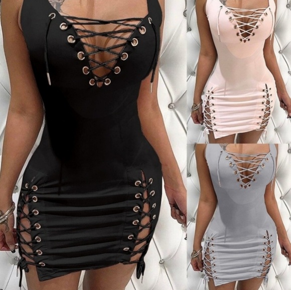 2019 SZ Med. Sexy Deep V Neck Lace Up Dress - Picture 7 of 8